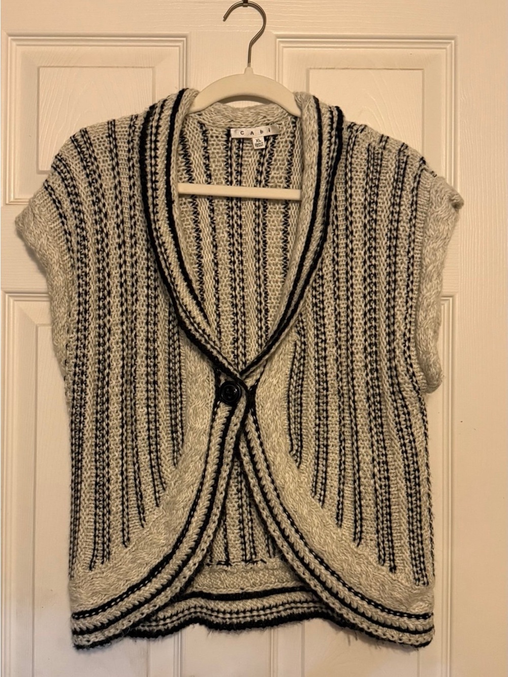CAbi Short Sleeve Cable Cardigan Sweater - Cream & Black